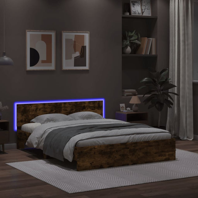 Bedframe met hoofdeinde en LED gerookt eikenkleurig 160x200 cm 160 x 200 cm Gerookt eiken