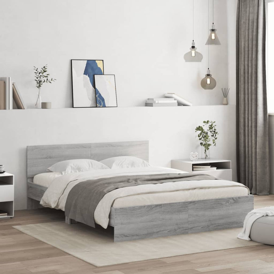 Bedframe met hoofdeinde en LED-licht grijs sonoma 160x200 cm 160 x 200 cm Grijs sonoma