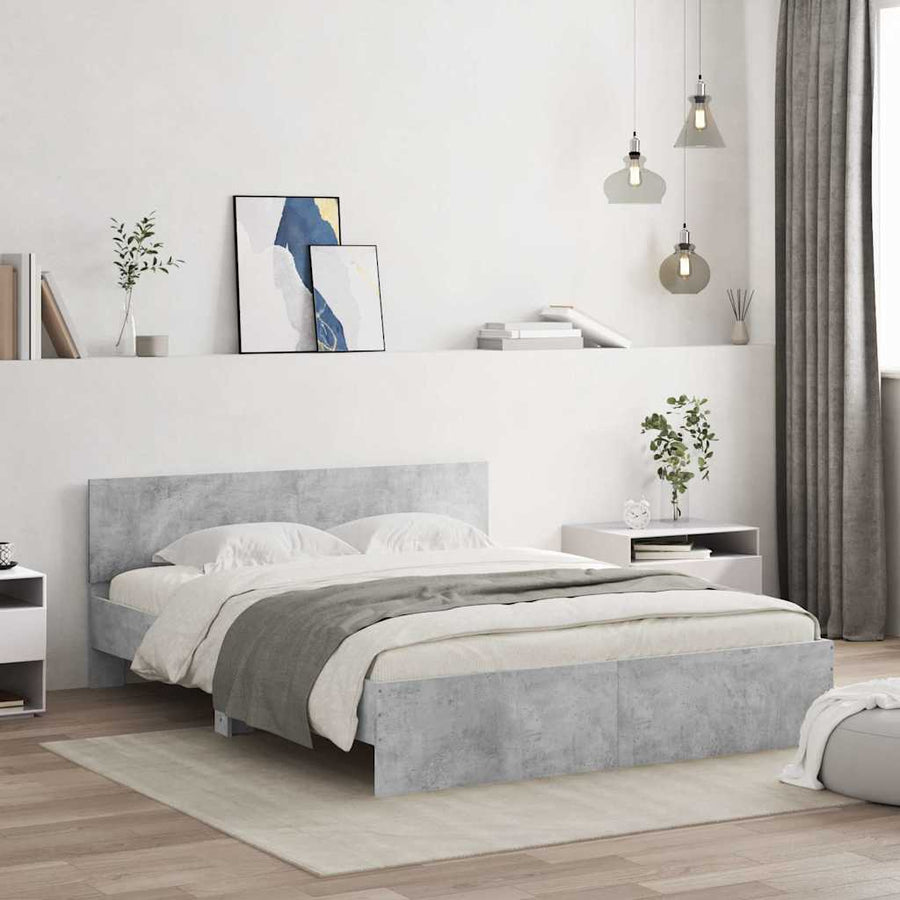 Bedframe met hoofdeinde en LED betongrijs 150x200 cm