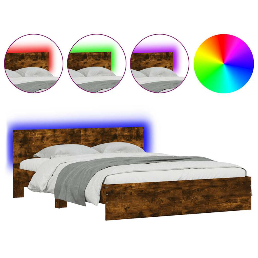Bedframe met hoofdeinde en LED gerookt eikenkleurig 150x200 cm