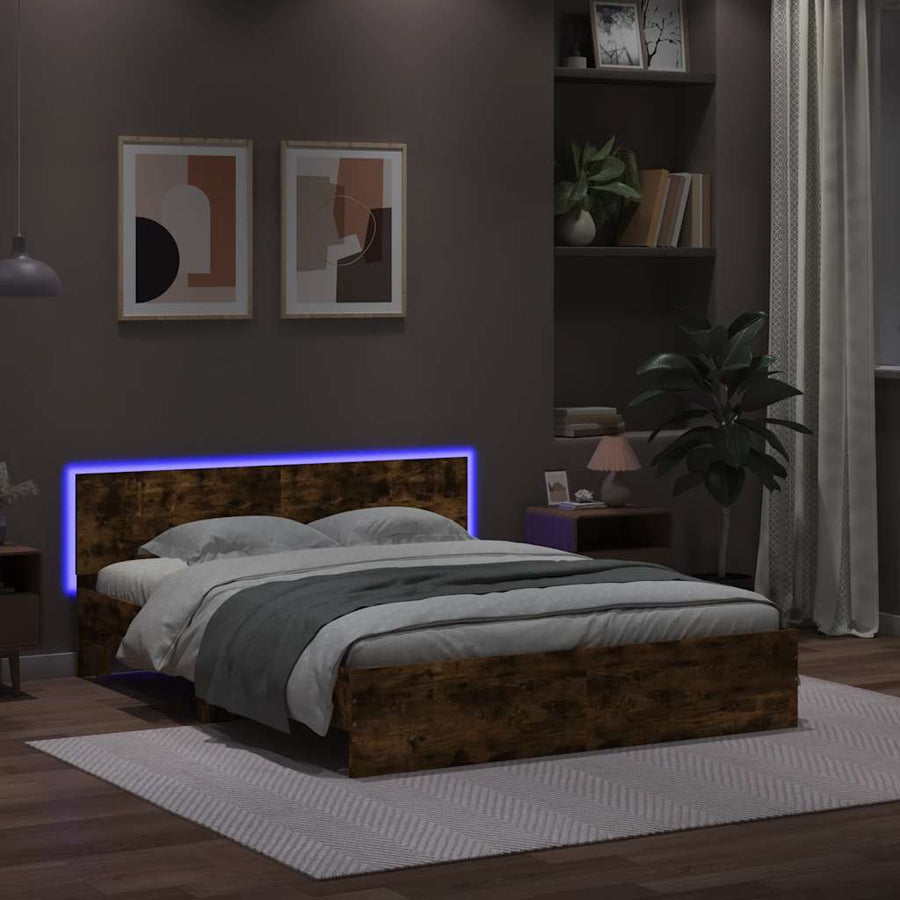 Bedframe met hoofdeinde en LED gerookt eikenkleurig 150x200 cm