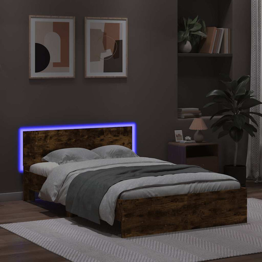 Bedframe met hoofdeinde en LED gerookt eikenkleurig 120x200 cm