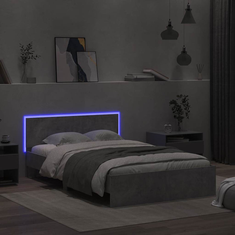 Bedframe met hoofdeinde en LED betongrijs 135x190 cm