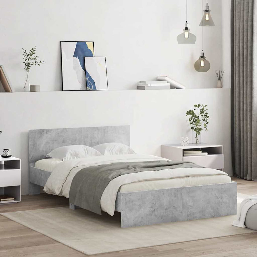 Bedframe met hoofdeinde en LED betongrijs 135x190 cm