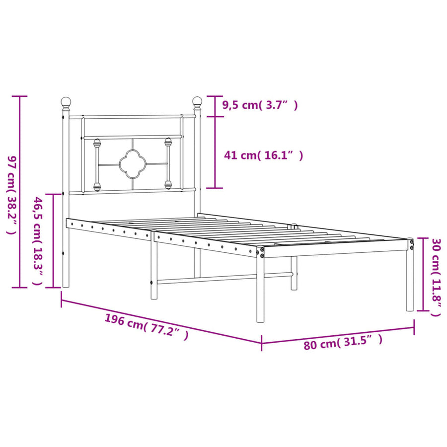 Bedframe Metaal 75 x 190 cm Zwart met hoofdbord