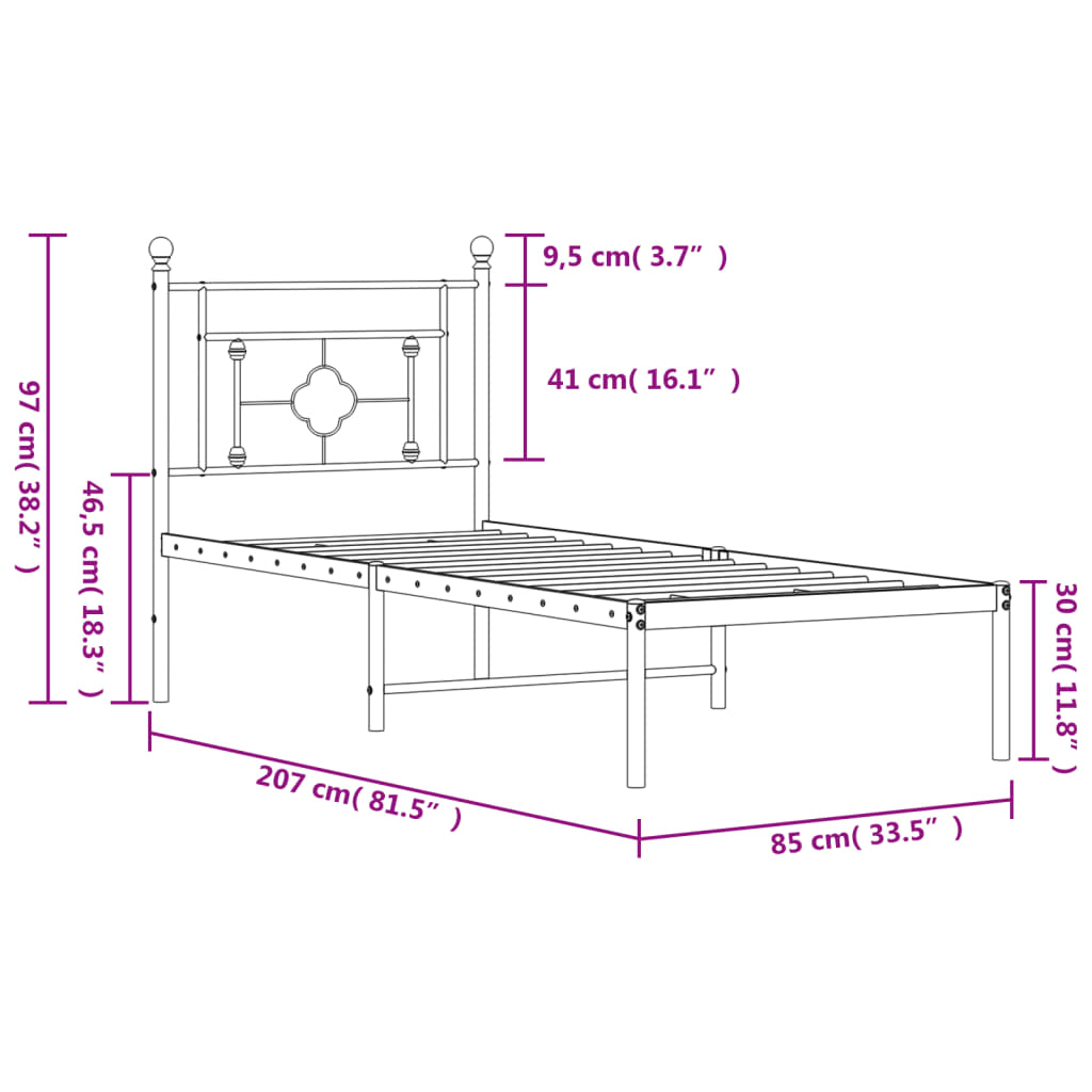 Bedframe Metaal 80 x 200 cm Zwart met hoofdbord