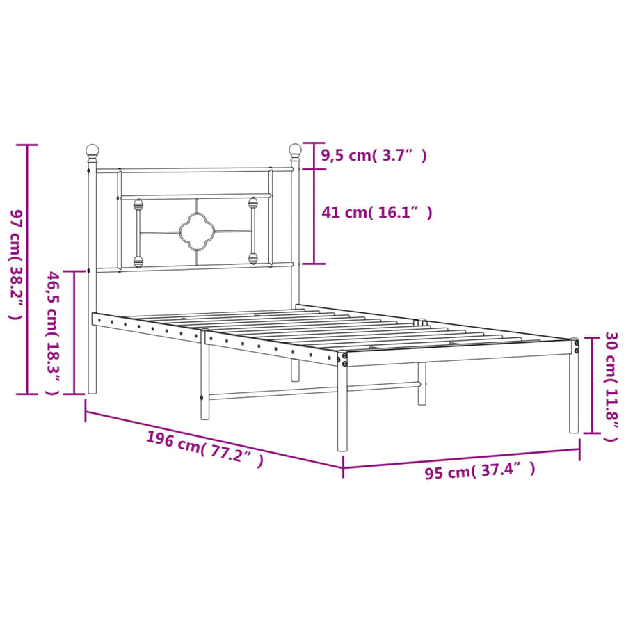 Bedframe Metaal 90 x 190 cm Zwart met hoofdbord
