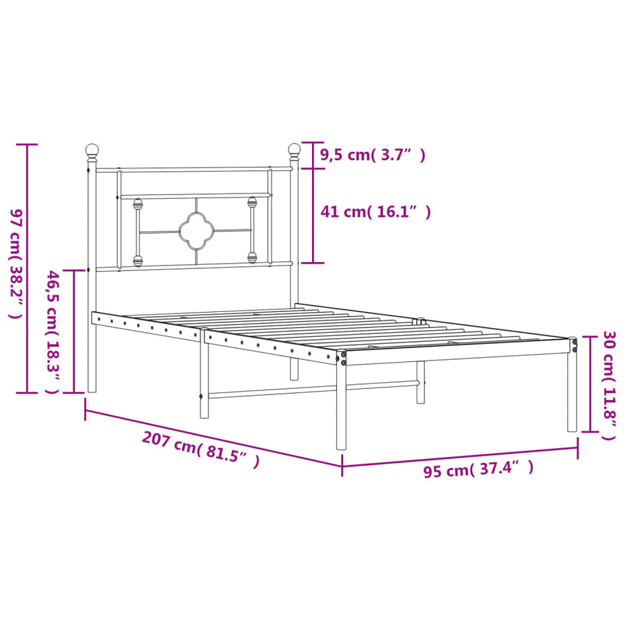 Bedframe Metaal 90 x 200 cm Zwart met hoofdbord