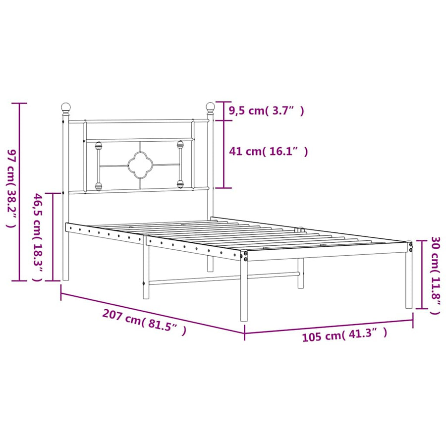 Bedframe met hoofdbord metaal zwart 100x200 cm