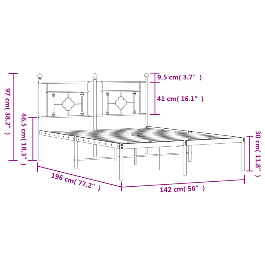 Bedframe Metaal 135 x 190 cm Zwart met hoofdbord