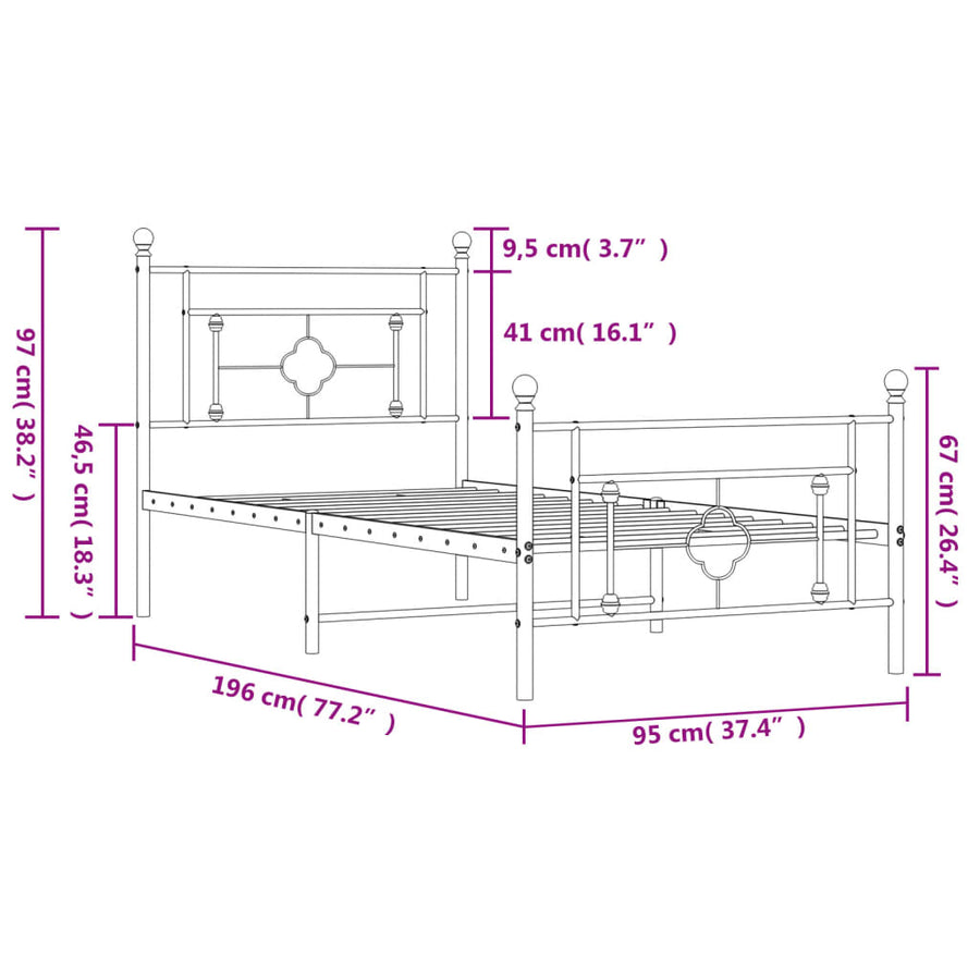 Bedframe Met Hoofd- En Voeteneinde Metaal 90 x 190 cm Zwart met hoofdbord & voetbord