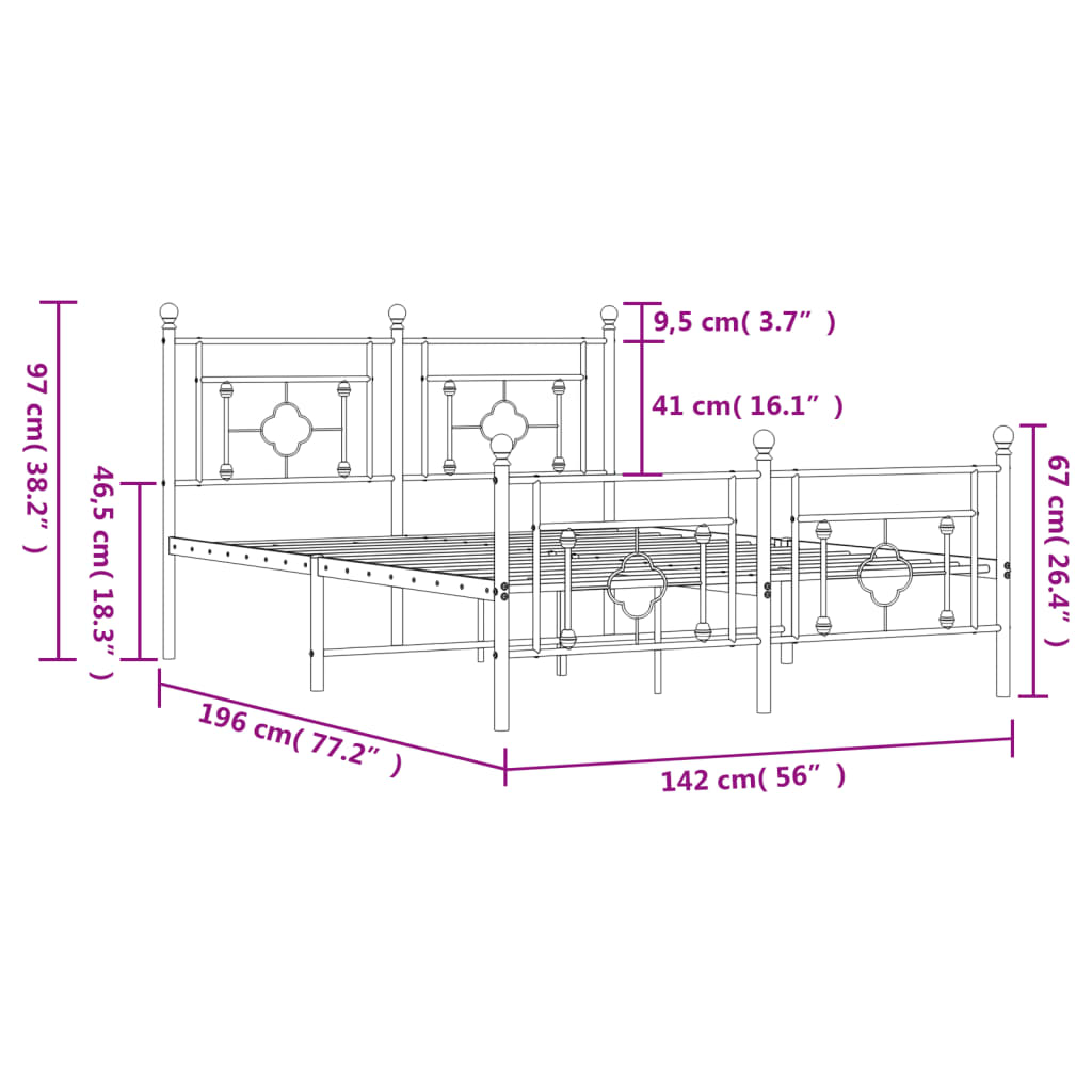 Bedframe Met Hoofd- En Voeteneinde Metaal 135 x 190 cm Zwart met hoofdbord & voetbord