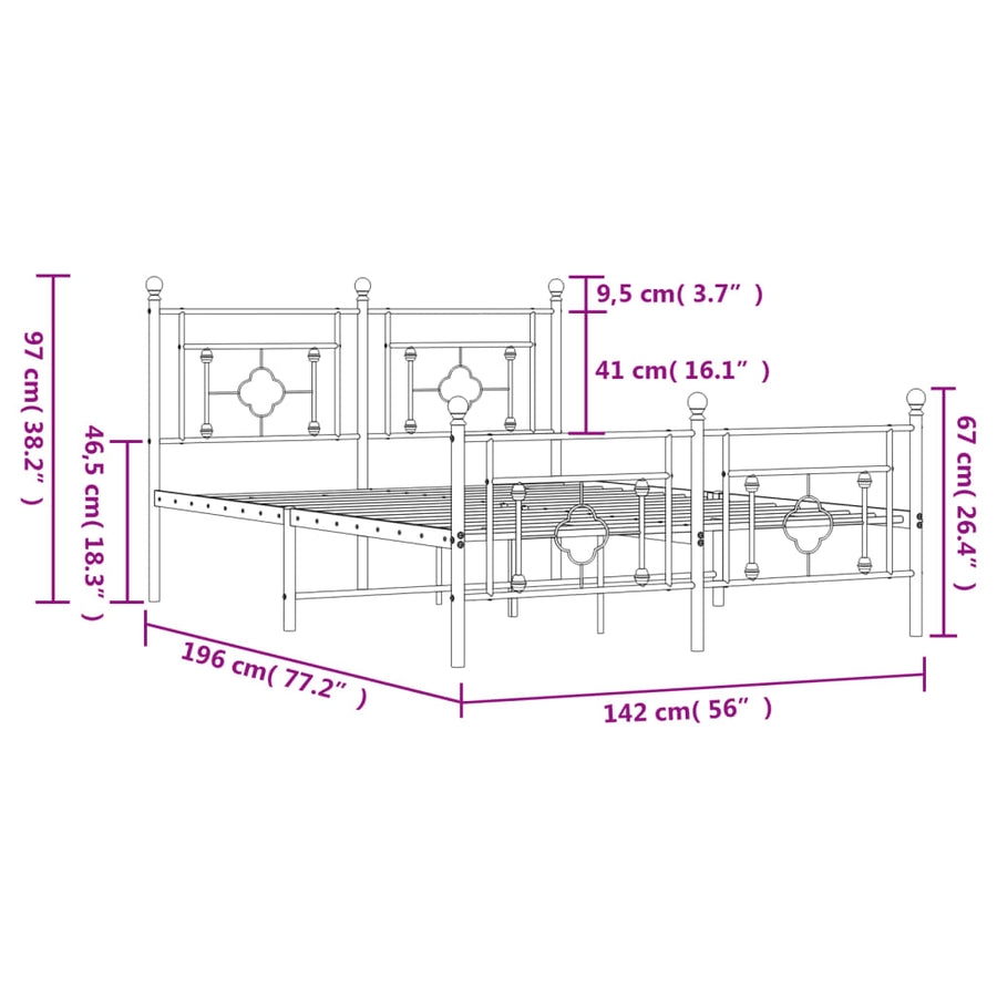 Bedframe Met Hoofd- En Voeteneinde Metaal 135 x 190 cm Zwart met hoofdbord & voetbord
