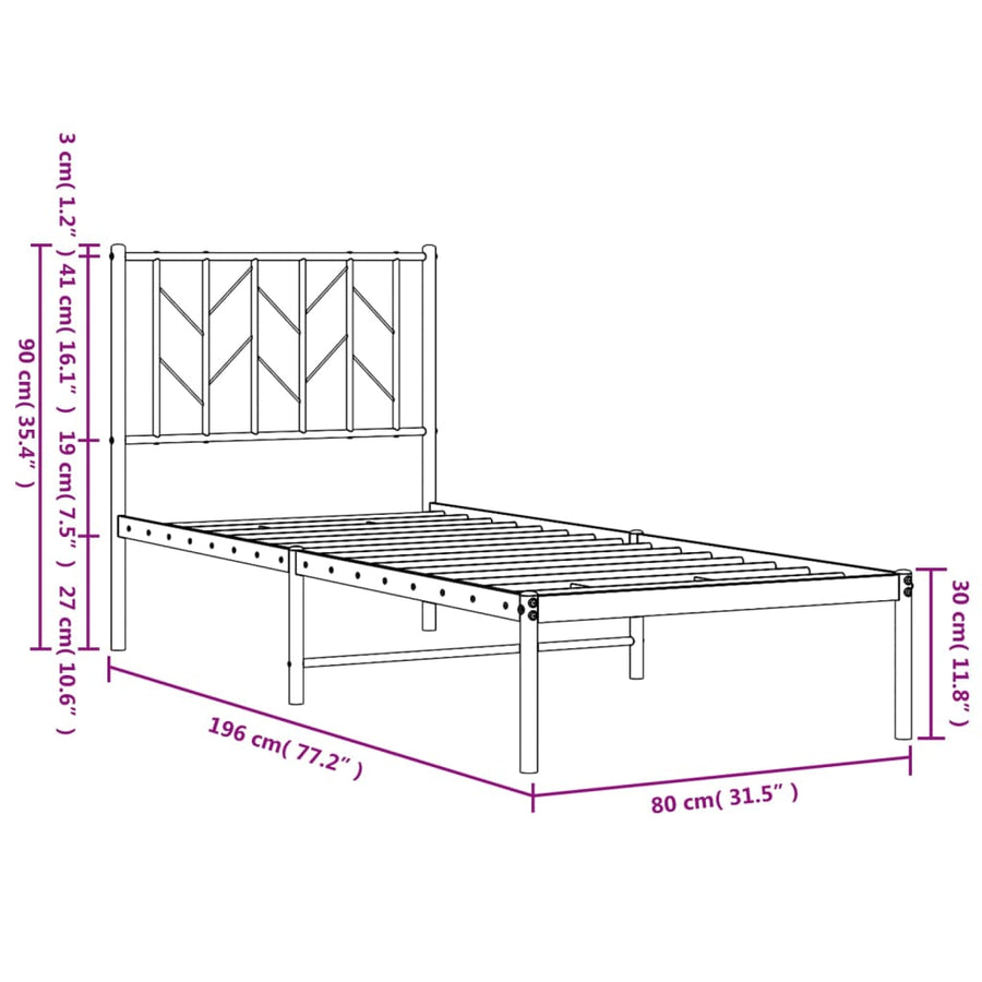 Bedframe Metaal 75 x 190 cm Zwart met hoofdbord