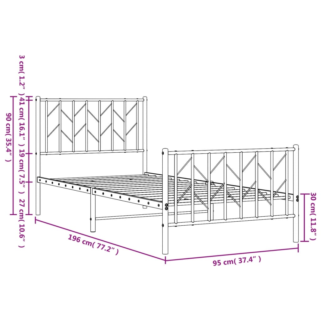 Bedframe Met Hoofd- En Voeteneinde Metaal 90 x 190 cm Zwart met hoofdbord & voetbord
