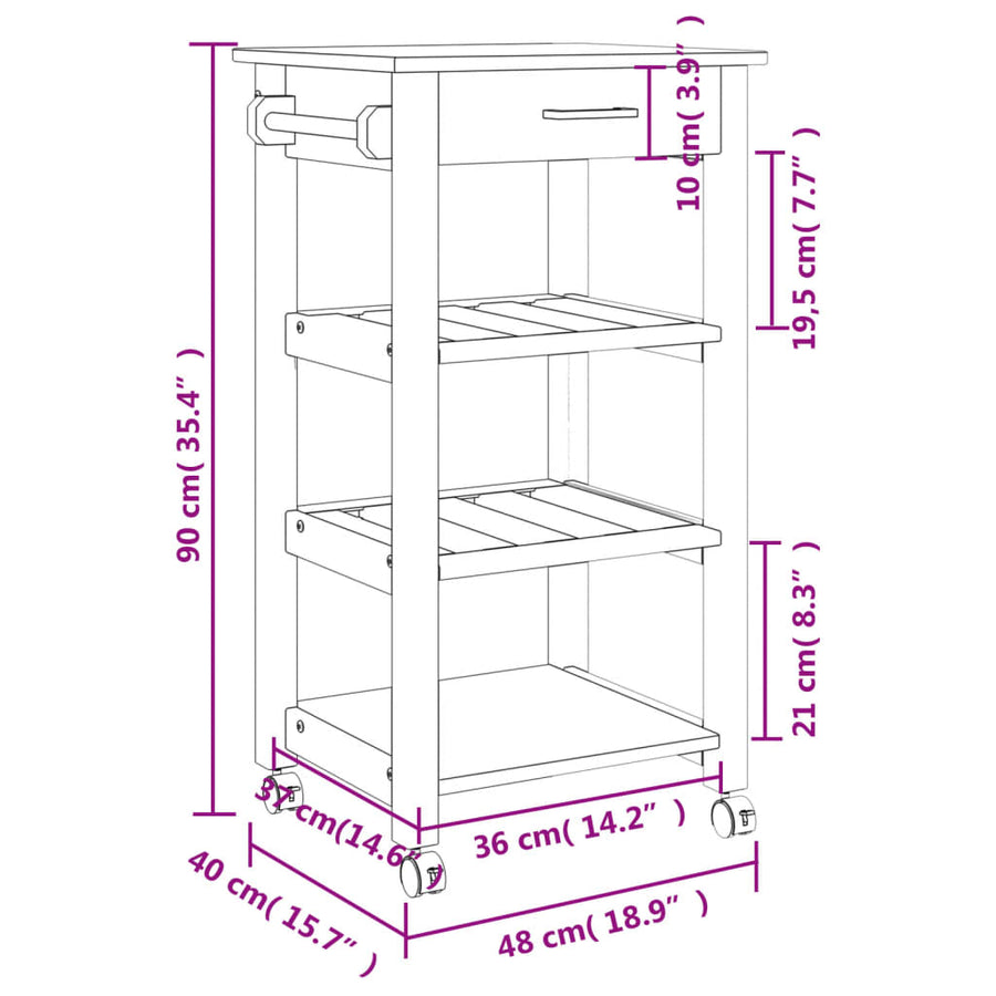 Keukentrolley Monza Massief Grenenhout 48 x 40 x 90 cm Wit