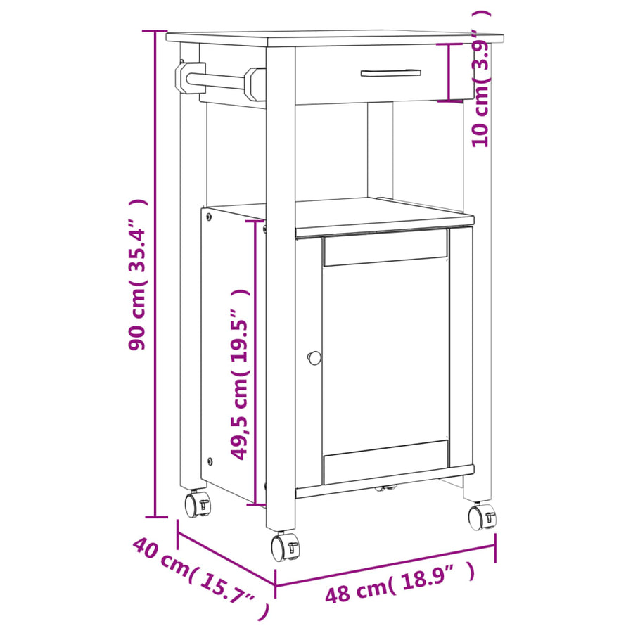 Keukentrolley Monza 48X40X90 Cm Massief Grenenhout Bruin