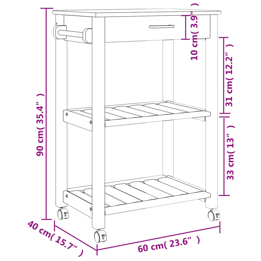Keukentrolley Monza Massief Grenenhout 60 x 40 x 90 cm Grijs