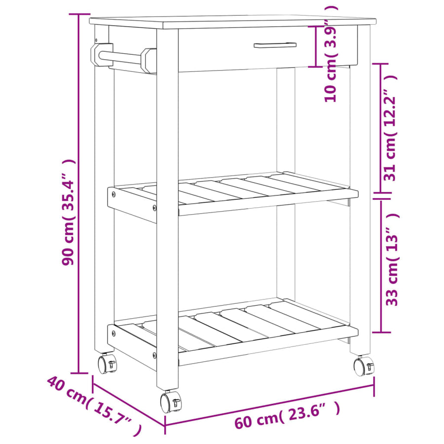 Keukentrolley Monza Massief Grenenhout 60 x 40 x 90 cm Wit