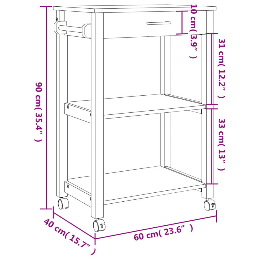 Keukentrolley Monza Massief Grenenhout 60 x 40 x 90 cm Bruin