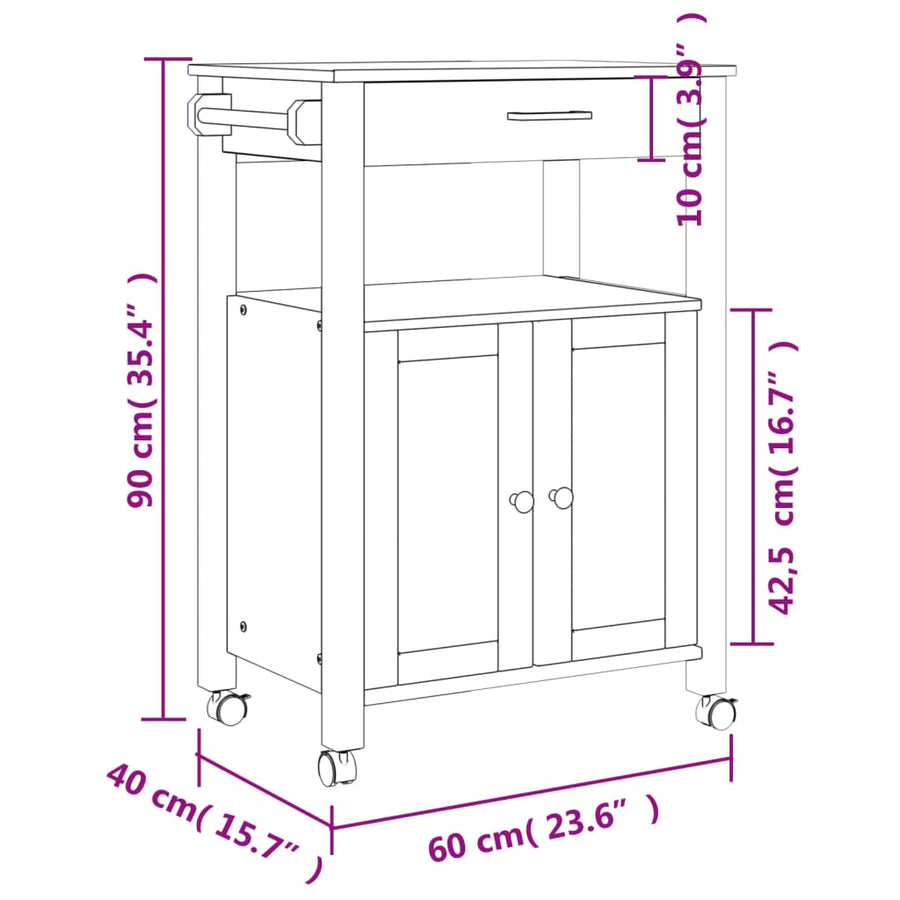 Keukentrolley Monza Massief Grenenhout 60 x 40 x 90 cm Bruin