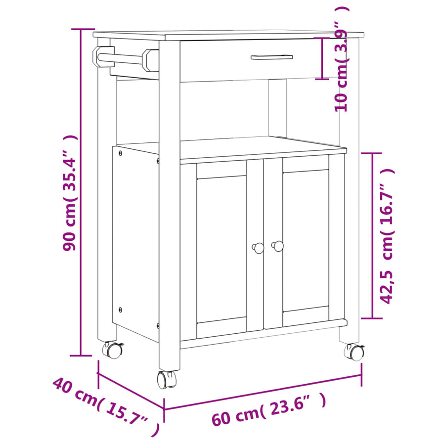 Keukentrolley Monza Massief Grenenhout 60 x 40 x 90 cm Grijs