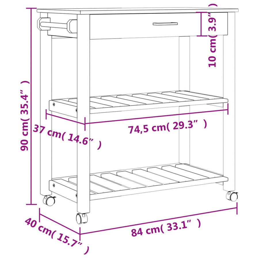 Keukentrolley Monza Massief Grenenhout 84 x 40 x 90 cm Grijs