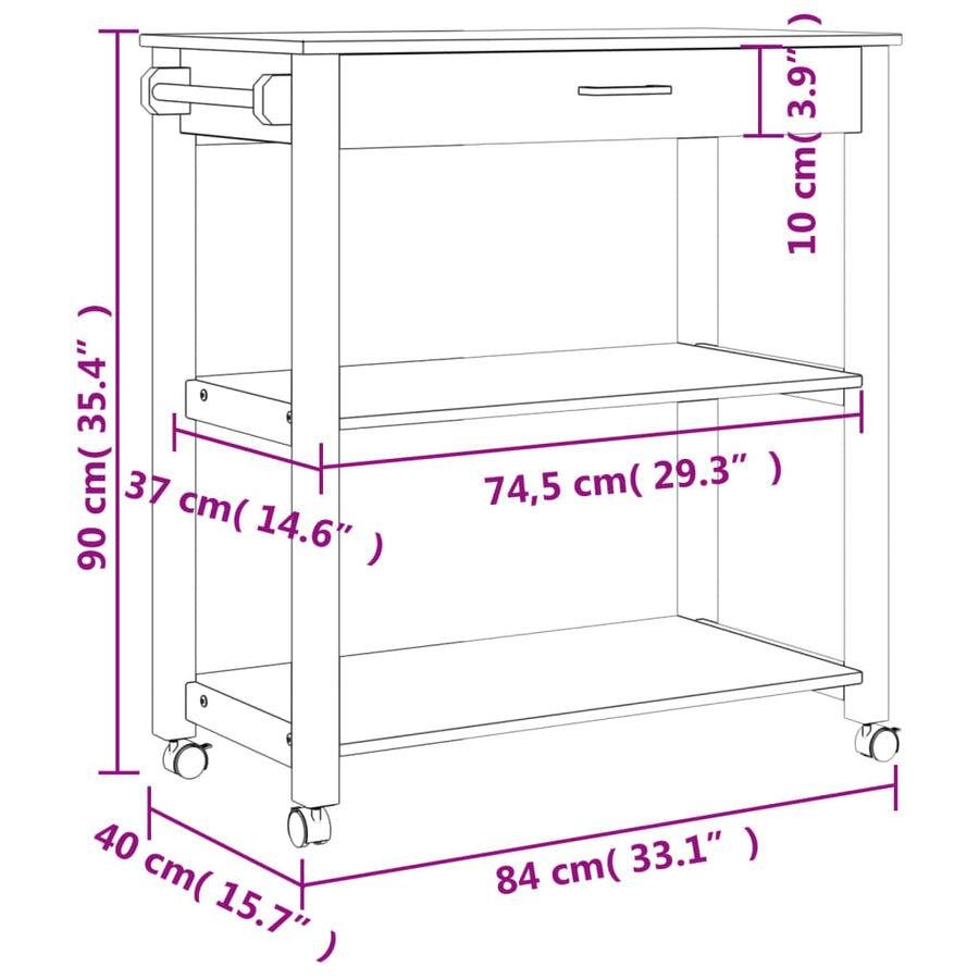 Keukentrolley Monza Massief Grenenhout 84 x 40 x 90 cm Grijs