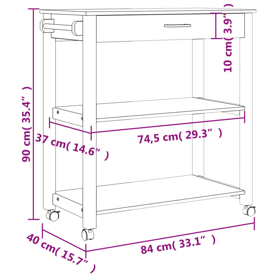 Keukentrolley Monza Massief Grenenhout 84 x 40 x 90 cm Wit