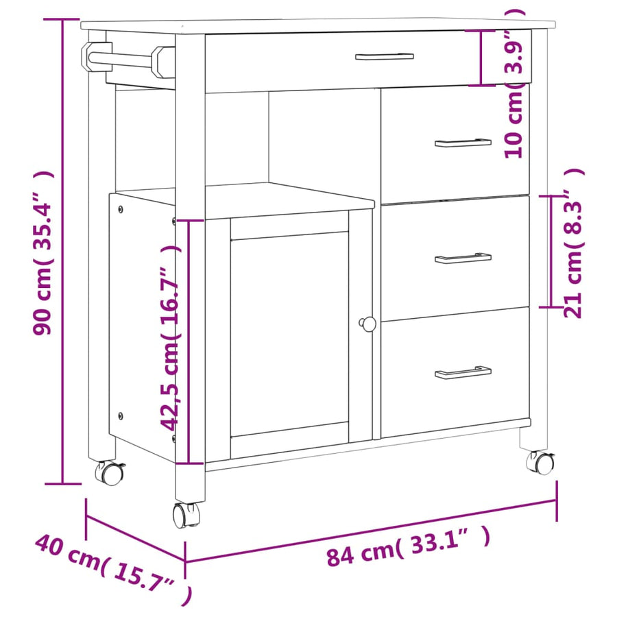 Keukentrolley Monza 84X40X90 Cm Massief Grenenhout Bruin