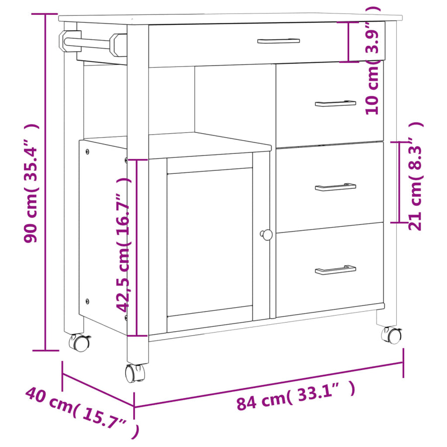 Keukentrolley Monza 84X40X90 Cm Massief Grenenhout Grijs