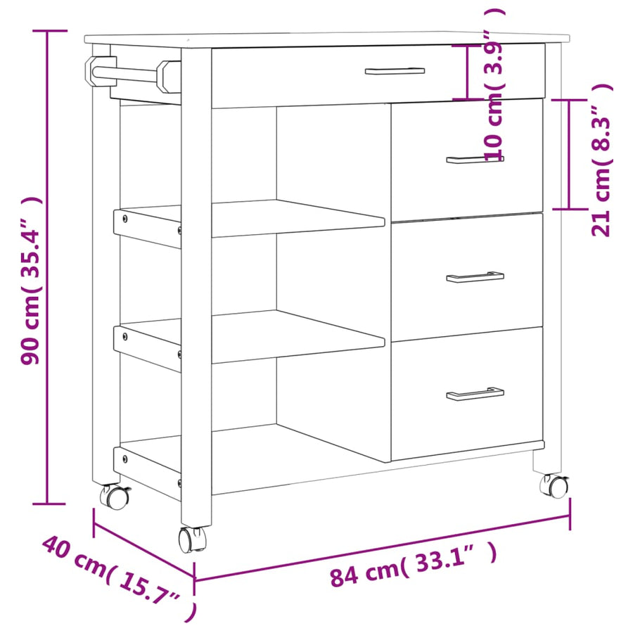 Keukentrolley Monza 84X40X90 Cm Massief Grenenhout Bruin