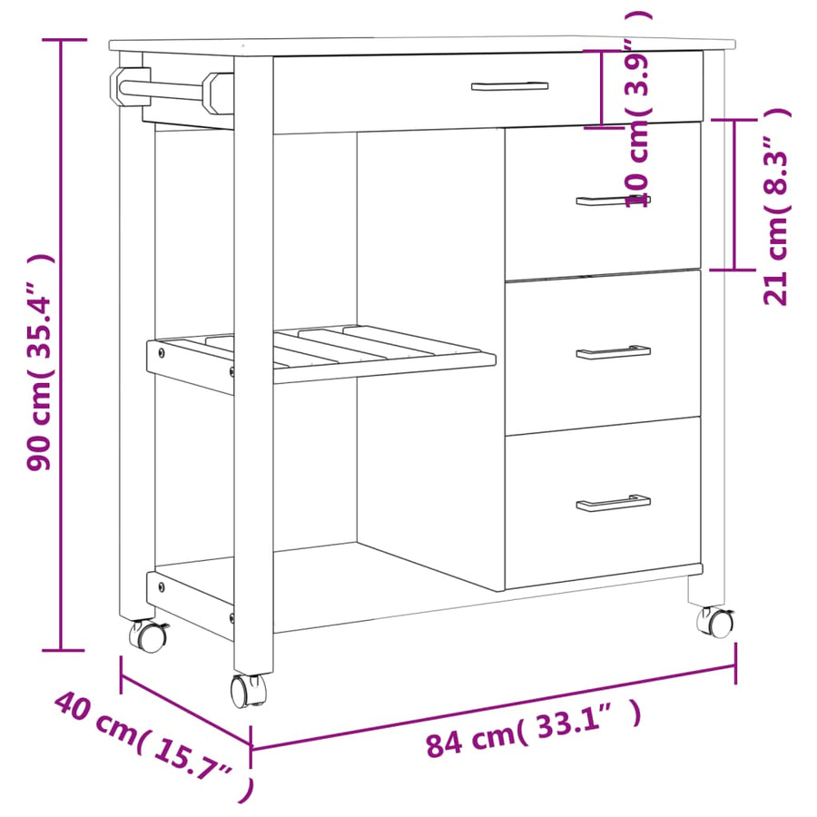 Keukentrolley Monza 84X40X90 Cm Massief Grenenhout Bruin