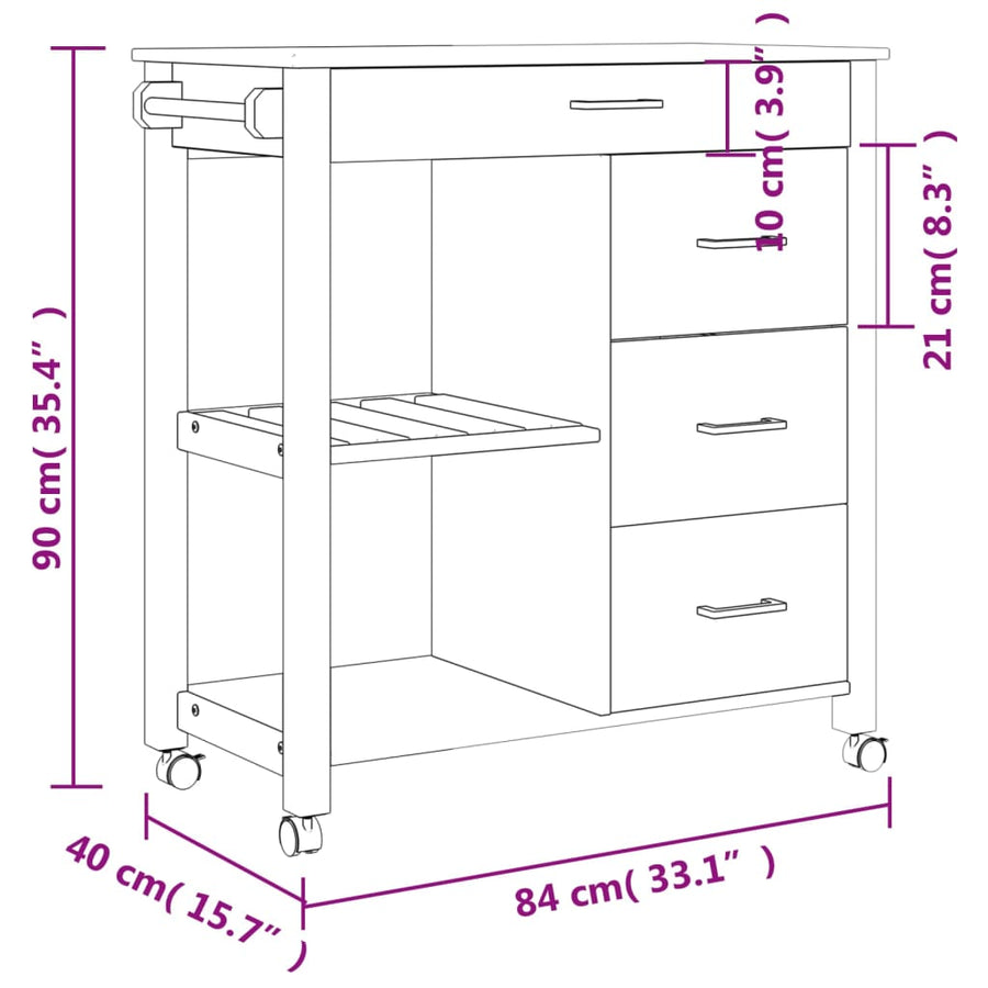 Keukentrolley Monza 84X40X90 Cm Massief Grenenhout Wit