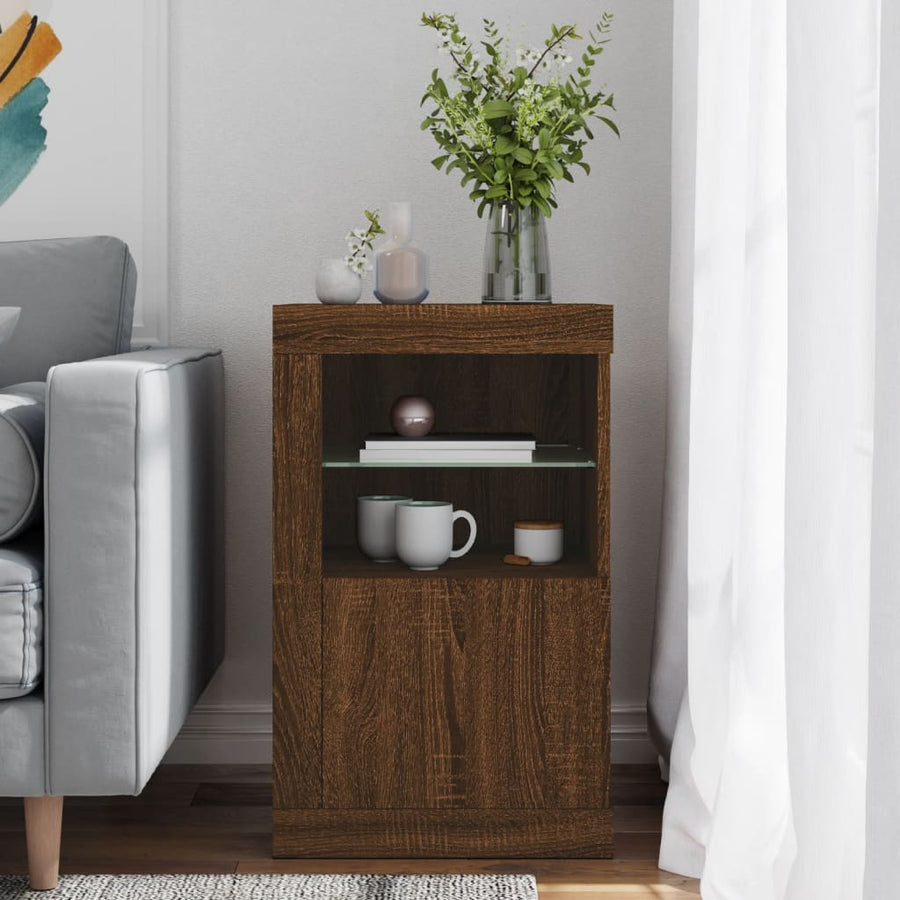 Bijzetkast Met Led-Verlichting Bewerkt Hout Bruineikenkleurig 1 bruin eikenkleur