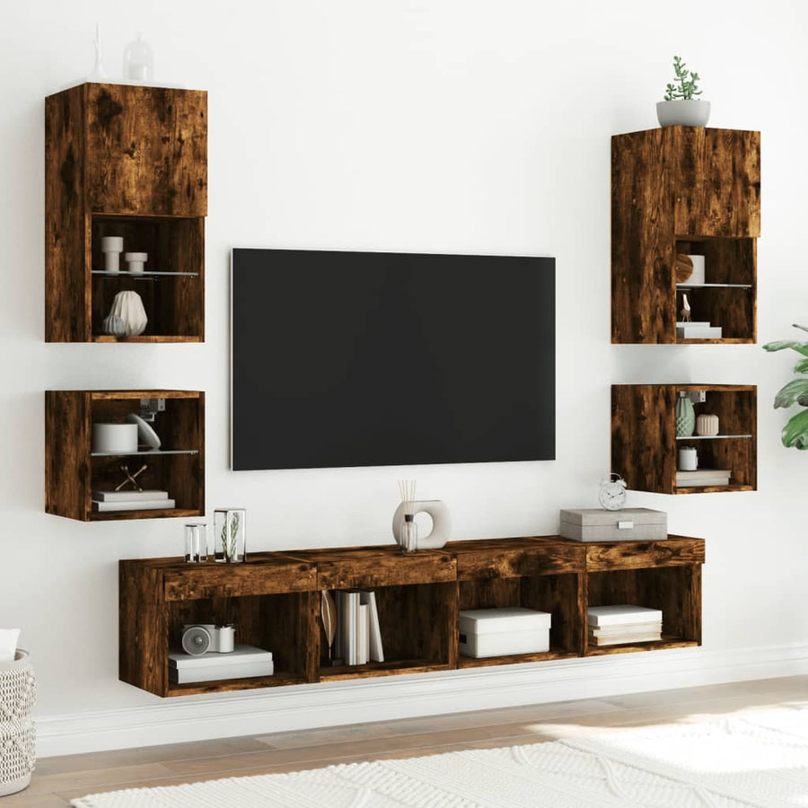 Tv-Wandmeubels Met Led 2 St 30X28,5X30 Cm Gerookt Eikenkleurig
