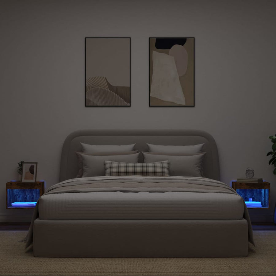 Nachtkastjes Met Led's 2 St Wandgemonteerd Gerookt Eikenkleurig