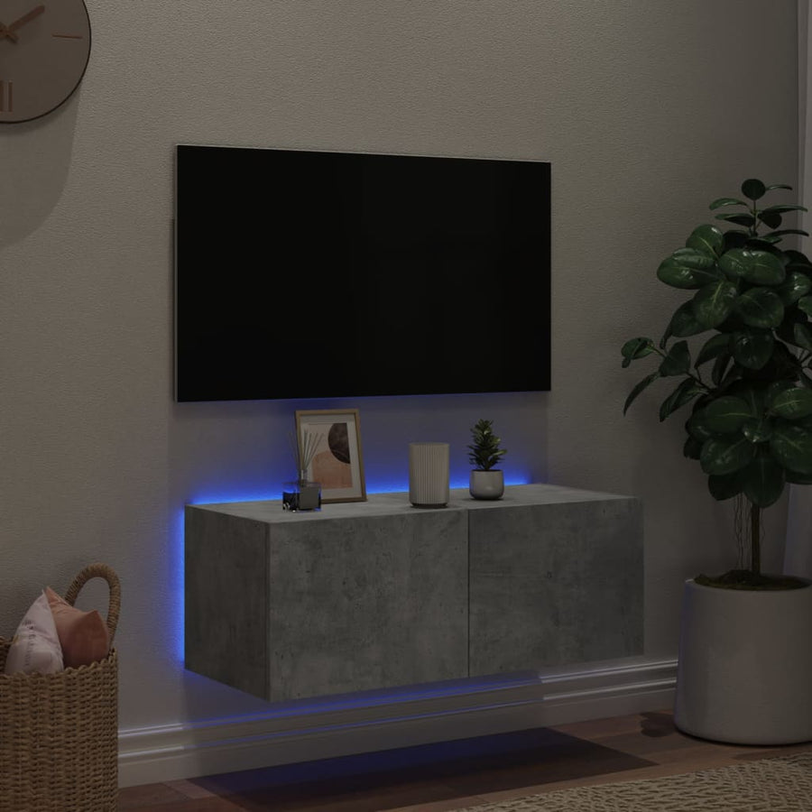 Tv-Wandmeubel Met Led-Verlichting 80X35X31 Cm Betongrijs