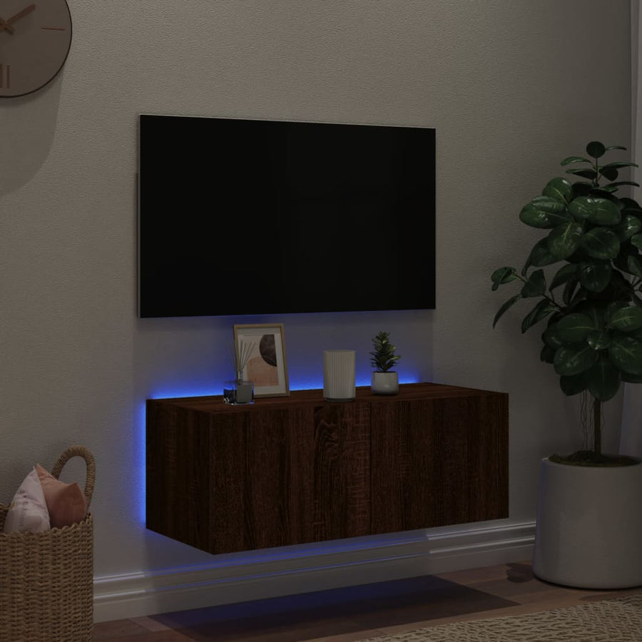 Tv-Wandmeubel Met Led-Verlichting 80X35X31 Cm Bruineikenkleurig