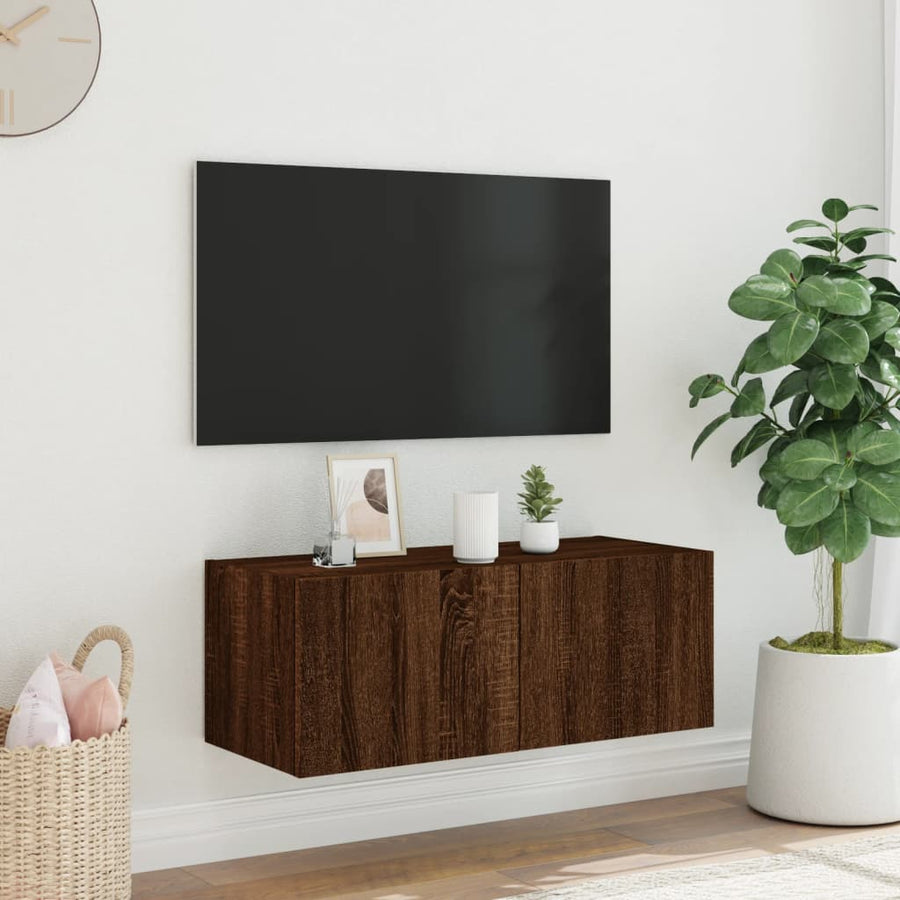 Tv-Wandmeubel Met Led-Verlichting 80X35X31 Cm Bruineikenkleurig