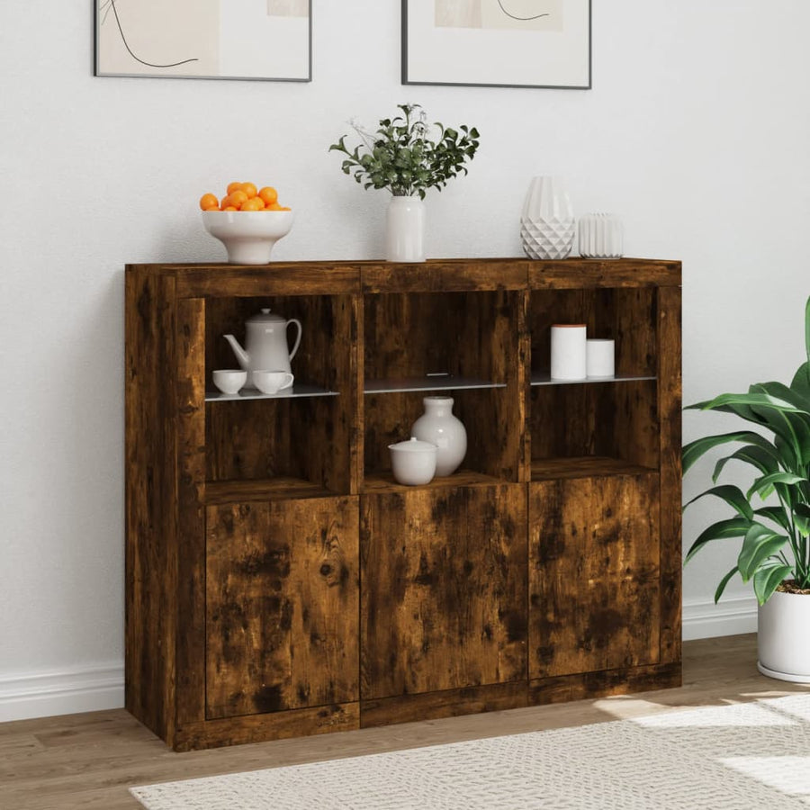 Dressoirs Met Led-Verlichting Bewerkt Hout Gerookt eiken