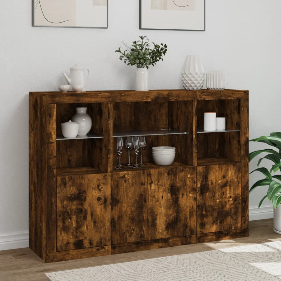 Dressoirs Met Led-Verlichting Bewerkt Hout Gerookt eiken