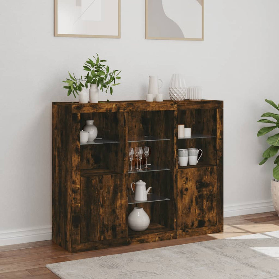 Dressoirs Met Led-Verlichting Bewerkt Hout Gerookt eiken