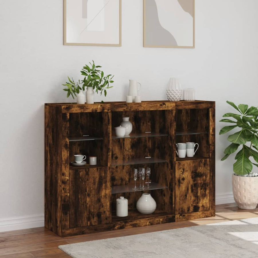 Dressoirs Met Led-Verlichting Bewerkt Hout Gerookt eiken