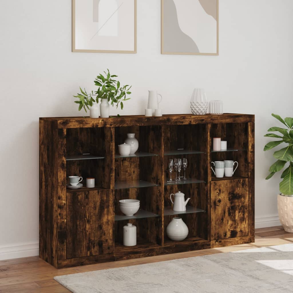 Dressoirs Met Led-Verlichting Bewerkt Hout Gerookt eiken