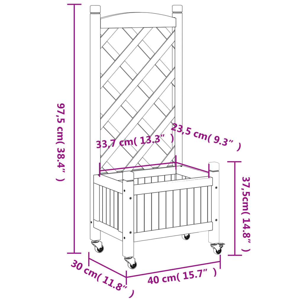 Plantenbak Massief Vurenhout Bruin 40 x 30 x 97.5 cm met latwerk en wielen