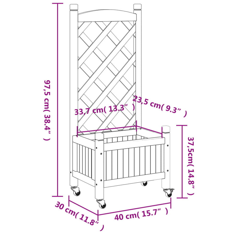 Plantenbak Massief Vurenhout Bruin 40 x 30 x 97.5 cm met latwerk en wielen