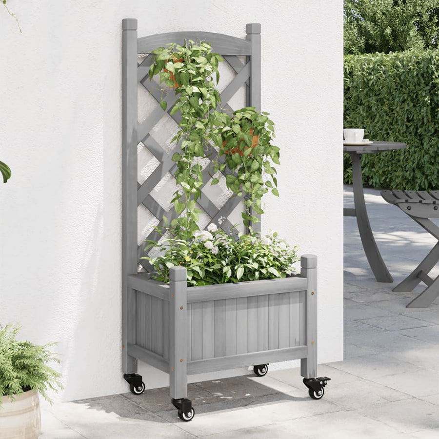 Plantenbak Massief Vurenhout Grijs 40 x 30 x 97.5 cm met latwerk en wielen