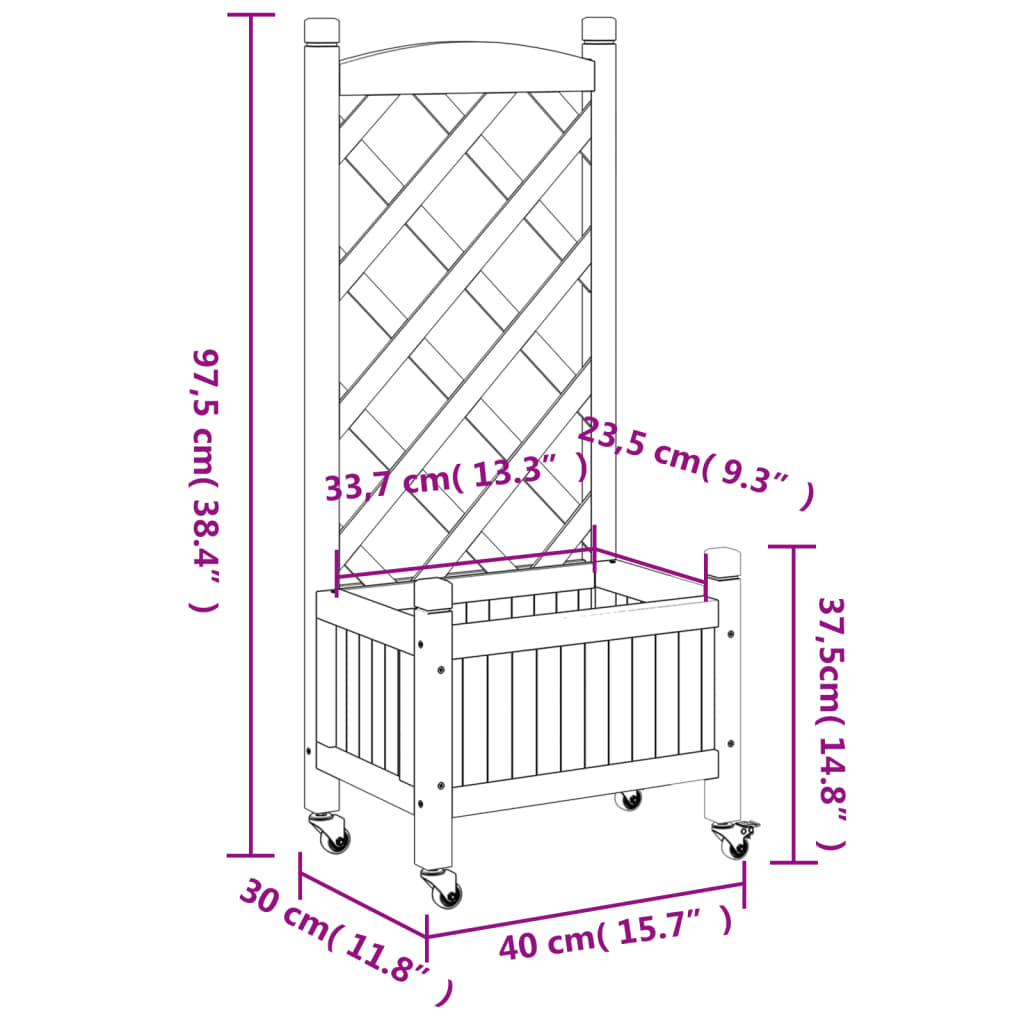 Plantenbak Massief Vurenhout Grijs 40 x 30 x 97.5 cm met latwerk en wielen