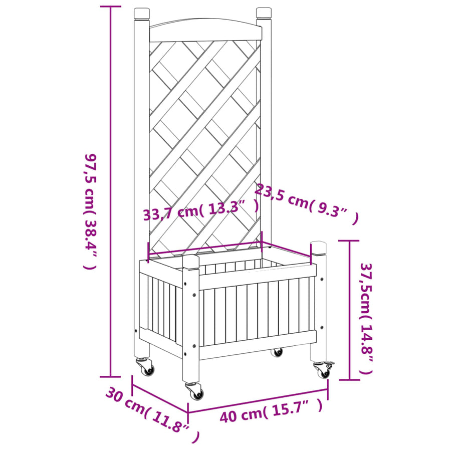 Plantenbak Massief Vurenhout Grijs 40 x 30 x 97.5 cm met latwerk en wielen